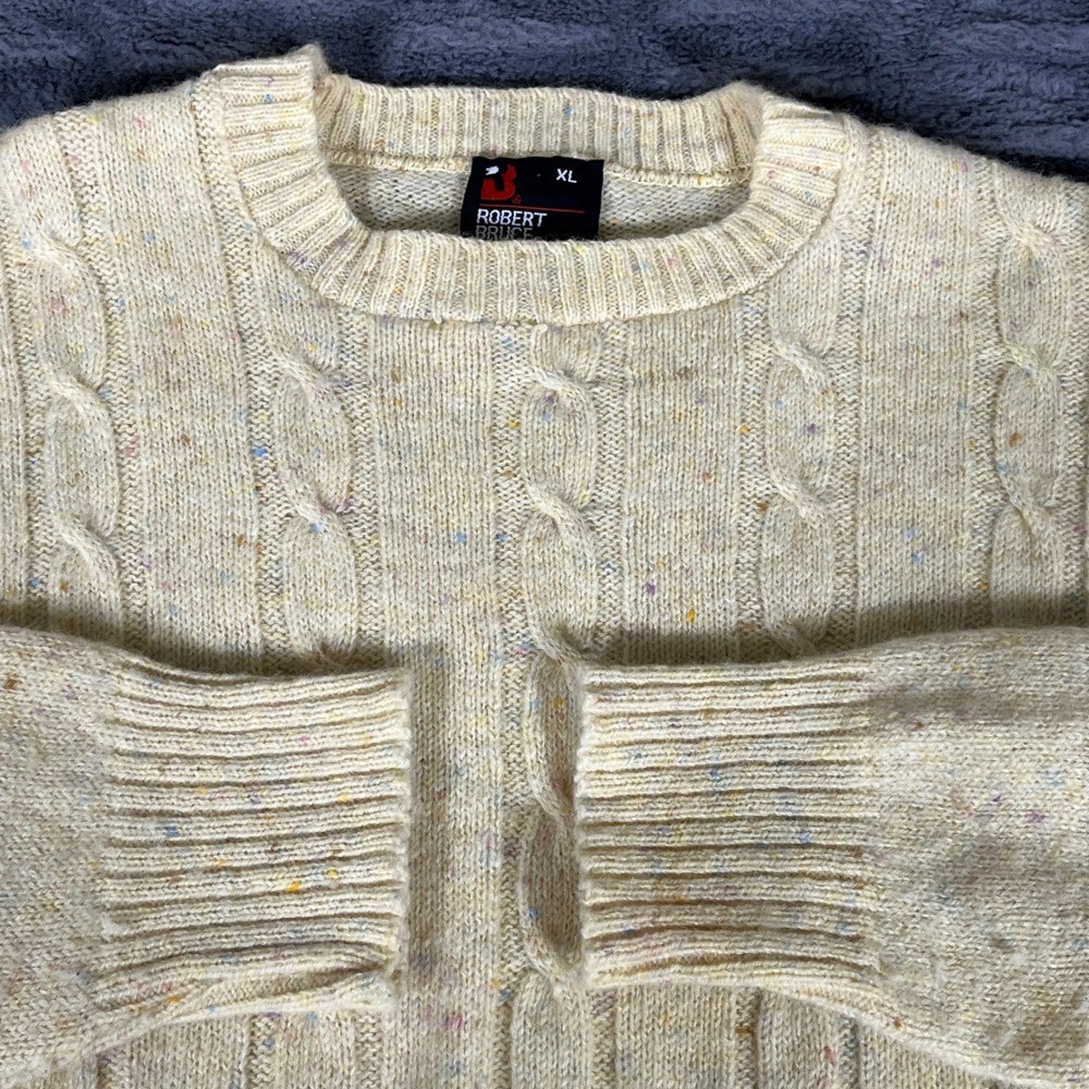Vintage Robert Bruce XL Cream Cable Knit Donegal Tweed Crewneck Sweater USA Made